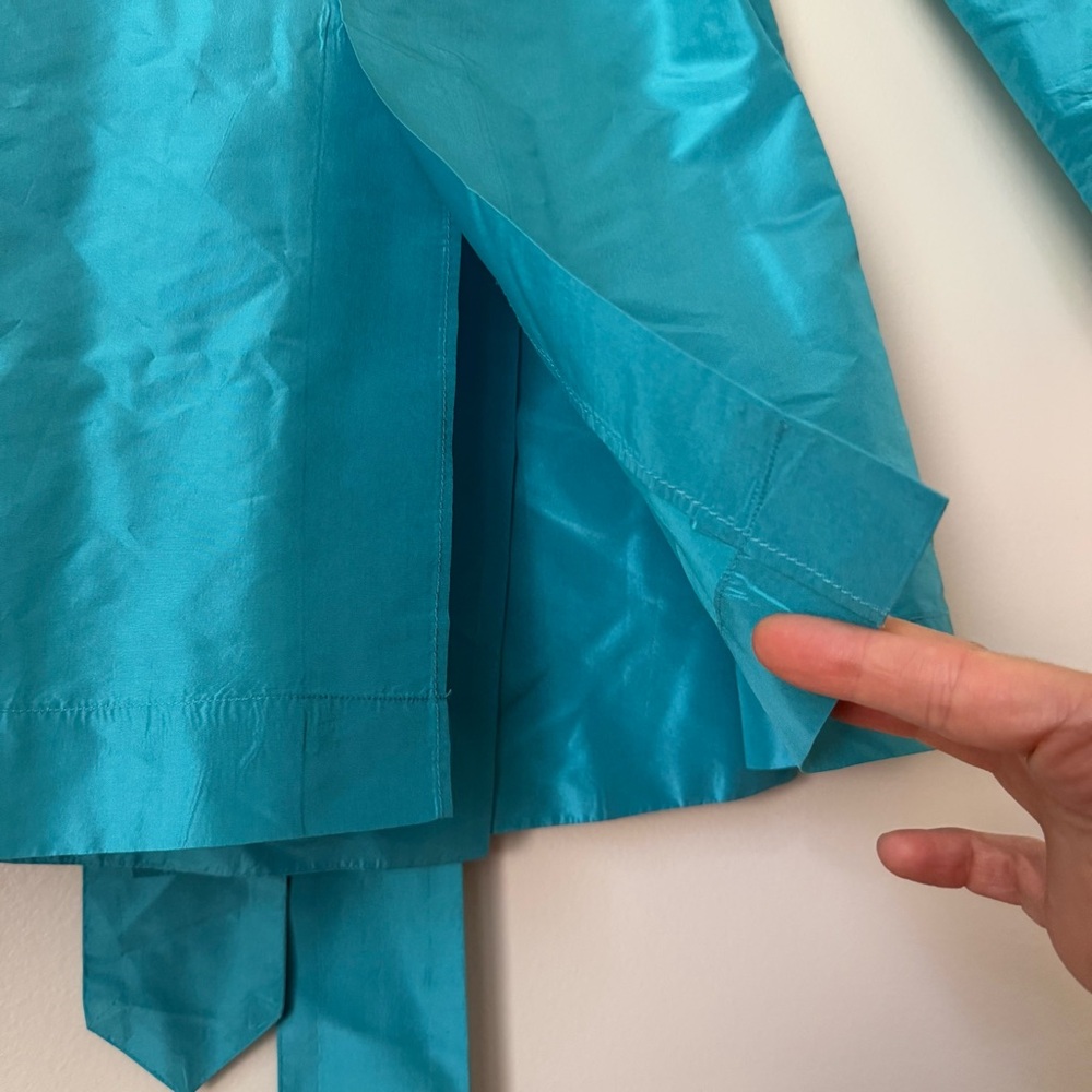 As Four Kate Spade 2005 Collab 100% Silk Teal Short Double-Breasted Trench Coat - Picture 9 of 14